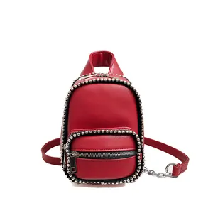 Dropship Petit Sac A Dos Femme En Cuir Rouge 레드 가죽 리벳 트림 작은 배낭