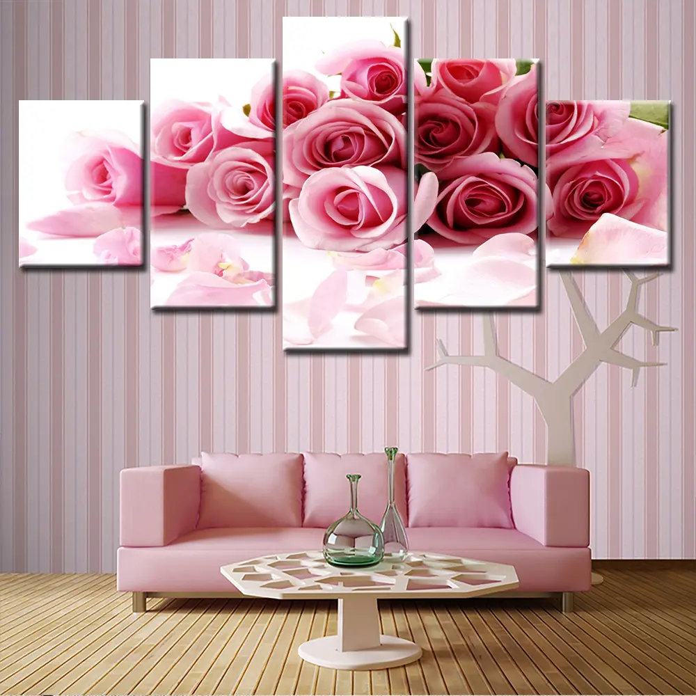 5 Piece pink rose flowers Painting Home Decor Contemporary Art Canvas Prints Modular Pictures Free Shipping