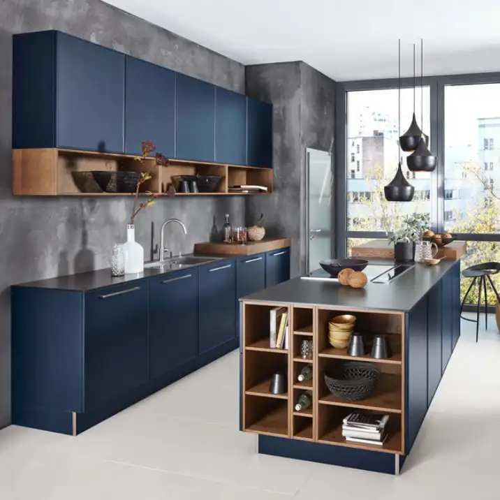 Armario de cocina de diseño moderno con forma de l azul con Banco de isla, muebles de madera precio kerala