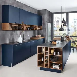 Biru l bentuk desain modern lemari dapur dengan Pulau bangku, kayu furniture kerala harga