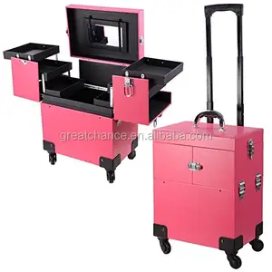 Pink 4 Rolling Wheel 14x9x17 PVC Artist Makeup Cosmetic Train Case Lockable Box