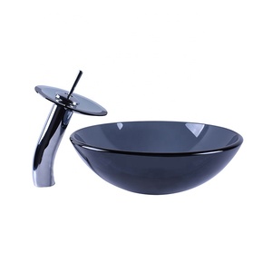 Bathroom <strong>Round</strong> Glass Vessel Sink Grey Crystal <strong>Basin</strong> with Faucet Pop-Up Drain - Product Image 5