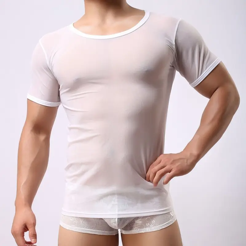 T חולצה גברים סקסי גופיית שקוף Mesh Sheer T חולצות חולצות Tees זכר אקזוטי פטיש הלבשת Tshirts גופיות