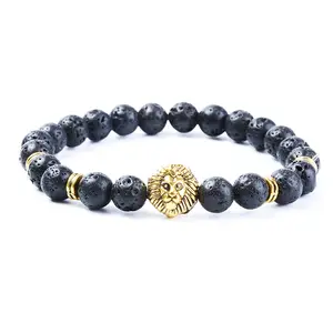 Hot Custom 8mm natürliche schwarze Lavast ein Perle vergoldet Löwenkopf Armband für Männer und Frauen