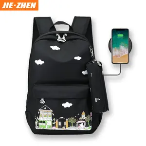 Mädchen mode schwarzen packback tasche taobao cartoon korea rucksack mit usb-ladegerät