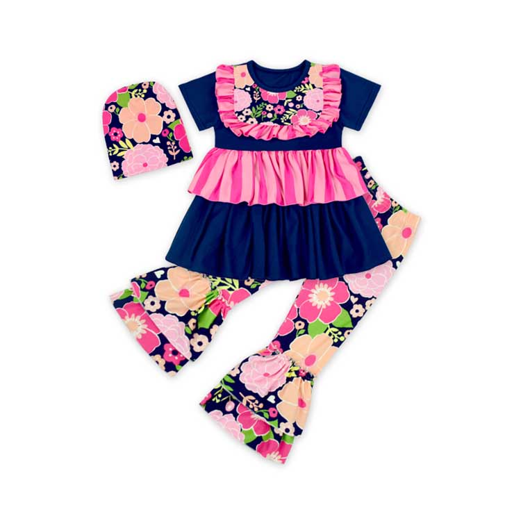 Высокое качество бутик с оборками с короткими рукавами для маленьких девочек комплекты одежды