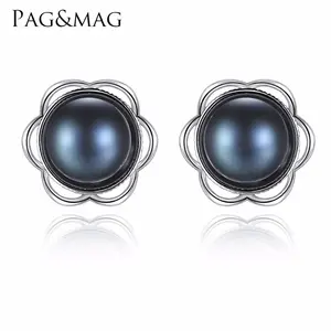 PAG&MAG Fashion Charm Silver Rose Flower Design Stud Earring Inlaid With A 8mm Natural Pearl Earring for Women Party Gift