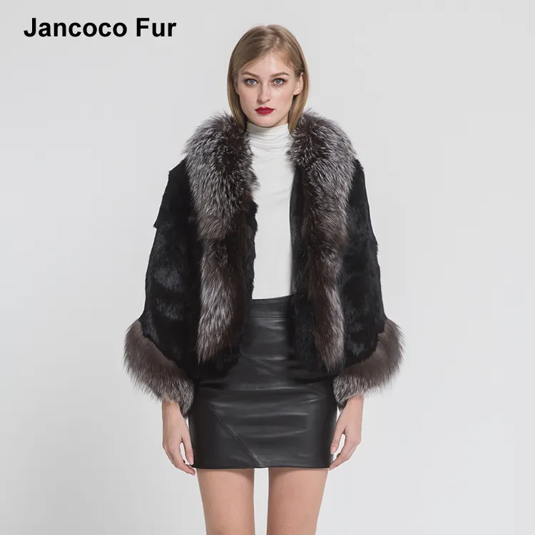 New Women Real Rabbit Fur Coat With Silver Fox Fur Collar Fashion Fur Jacket Spring Winter Warm Outerwear S7354