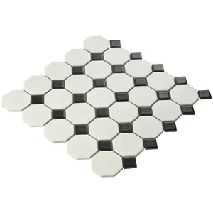 Telha de cerâmica do banheiro, pequeno branco octogonal misturado cor preta mosaico piso de porcelana