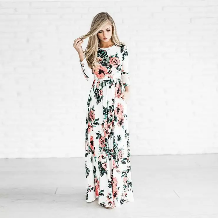 Bestseller Frauen Lang kleider Langarm Maxi kleid mit Blumen druck