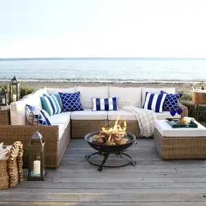 Conjunto de sofá estilo oceano para jardim, mobília de exterior, conjunto de cadeiras de sofá de rattan PE tecido à mão