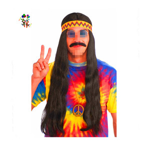 Disfraz Hippie de fiesta de carnaval, <span class=keywords><strong>peluca</strong></span> con diadema, HPC-1160, Color negro - Product Image 1