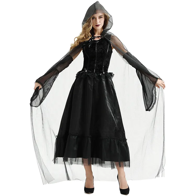 YR Carnival Ladies Halloween Dress Black Silk cloak Womens Adults halloween costume