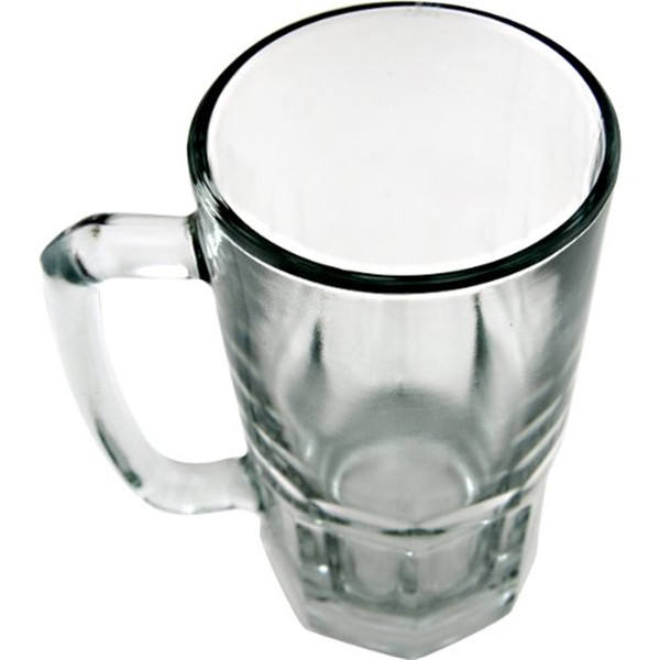 Dimensions 6''W (with handle) x 7 7/8H x 4D 34oz glass beer mug