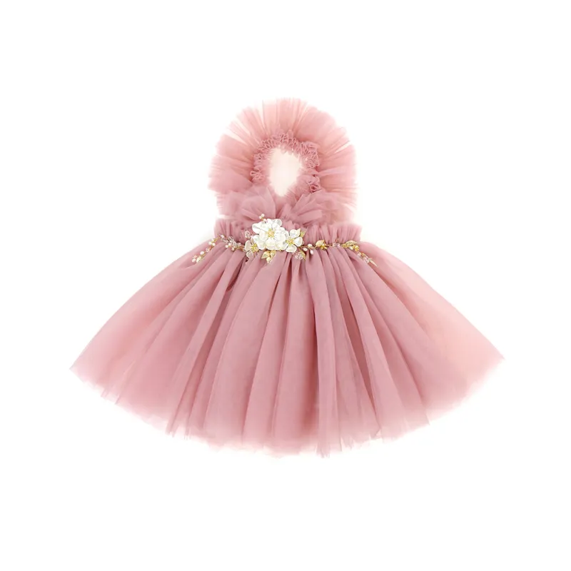 Ins baby girls tutu dress with crystal flower embellished princess dress four layer lace dress