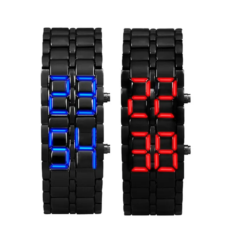 Nouvel arrivage de montres pour hommes style lave fer samouraï noir bracelet LED montre numérique montre carrée homme
