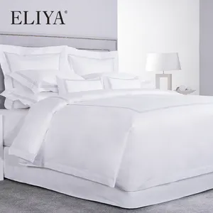 Juego de ropa de cama para Hotel, Sábana de cama con bordado de 100% algodón a rayas, color blanco