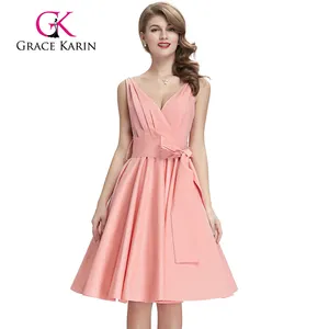 CL008955 Grace Karin sin mangas Deep v-cuello Rosa Vintage Retro vestido de algodón