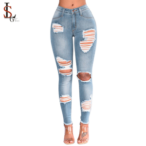 Kustom pakaian Barat wanita celana Denim ketat ketat ketat ketat pinggang tinggi celana Skinny robek <span class=keywords><strong>Jeans</strong></span> untuk wanita