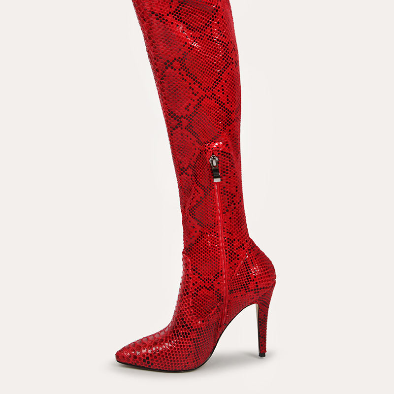 WETKISS over Knee Boots Red Snakeskin High Heel Fashion