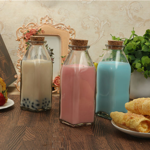 350ml Soda lime material Square Juice Milk glass bottle with cork lid