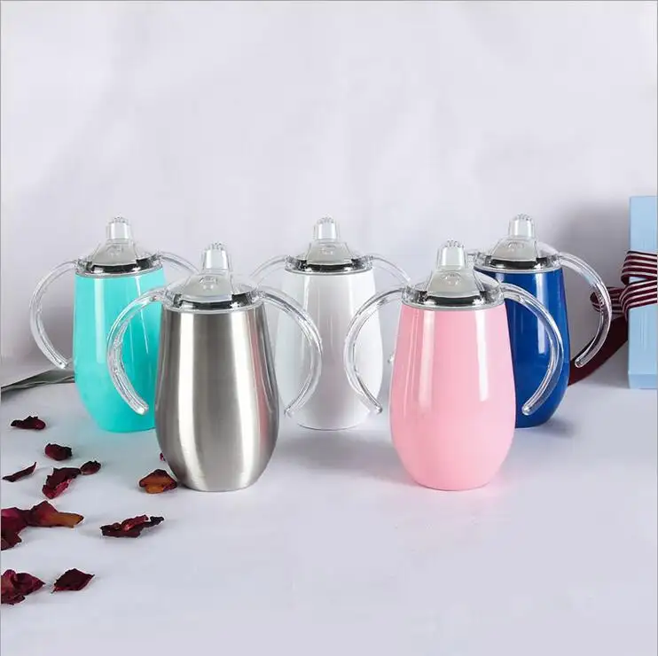 Cangkir Susu Bayi Dinding Ganda 8Oz, Cangkir Menyapih Stainless Steel dengan Pegangan Ganda Berbentuk Telur dengan Nosel