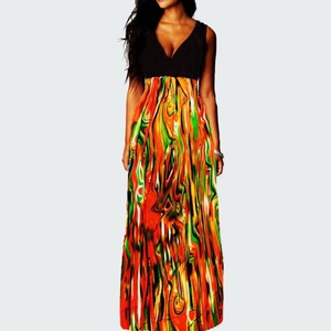 Del Verano imprimir vestido estampado de largo vestidos de dama de la moda V Cuello delgado Vestido de Gasa - Product Image 6