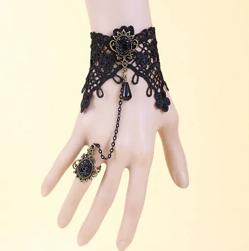 Gothic Vintage Hand Harness Black Lace Slave Bracelet Chain Ring Bridal Bracelet
