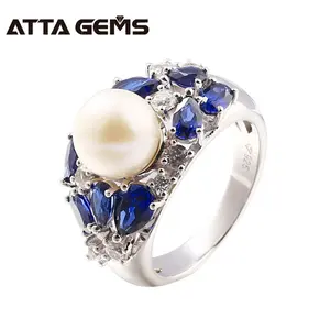 蓝宝石圆形8.5毫米天然淡水珍珠7.5克戒指设计女性婚礼订婚礼物