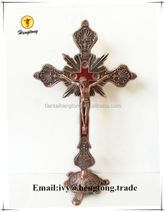 Croix catholique en cuivre rouge antique / rétro, décoration d'église / de maison, crucifix religieux en métal debout - Product Image 2