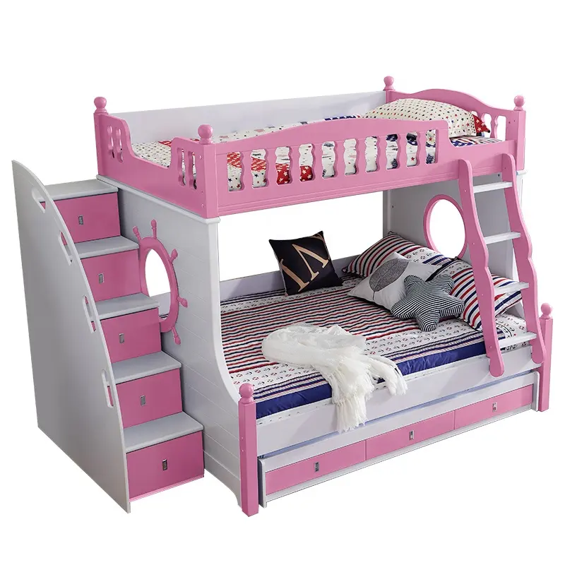 Lit superposé en bois, couleur rose, avec armoire, double, pour enfants, gagner de l'espace, vente en gros