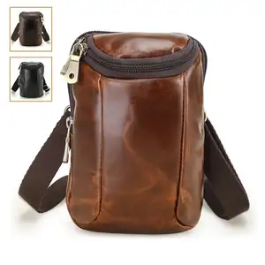 Custom Mens Waterproof Outdoor Genuine Leather Waist Pouch Small Waist Pack Shoulder Belt Bag For Cellphone