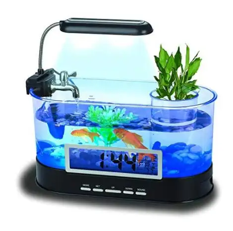 Mini Desktop Aquarien Aquarium mit LED Licht Stift Halter Wecker Büro Dekoration