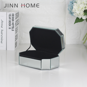 Hexagon Shaped Mirror Glitter Glass Jewelry Box With Silver Metal Feather Decorative Necklace <strong>Ear</strong> <strong>Ring</strong> <strong>Storage</strong> Use - Product Image 2