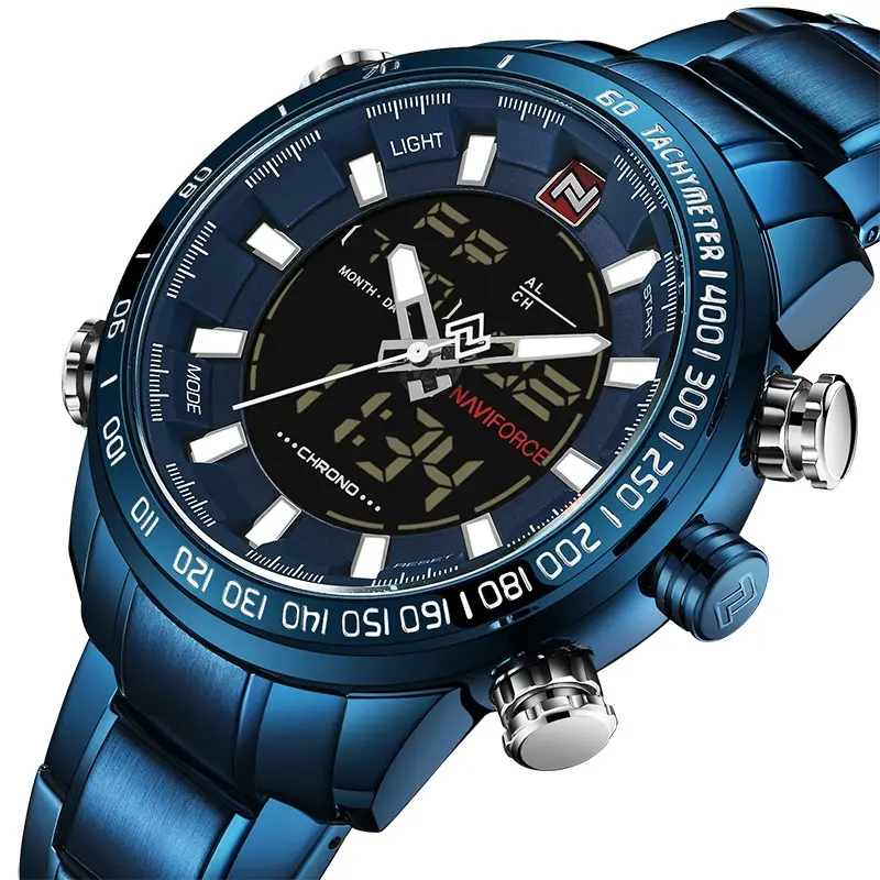 NAVIFORCE Watch Men 9093 Luxury Stainless Steel Waterproof Watches Men Wrist Fashion LED Digital Wristwatch Relogio Masculino