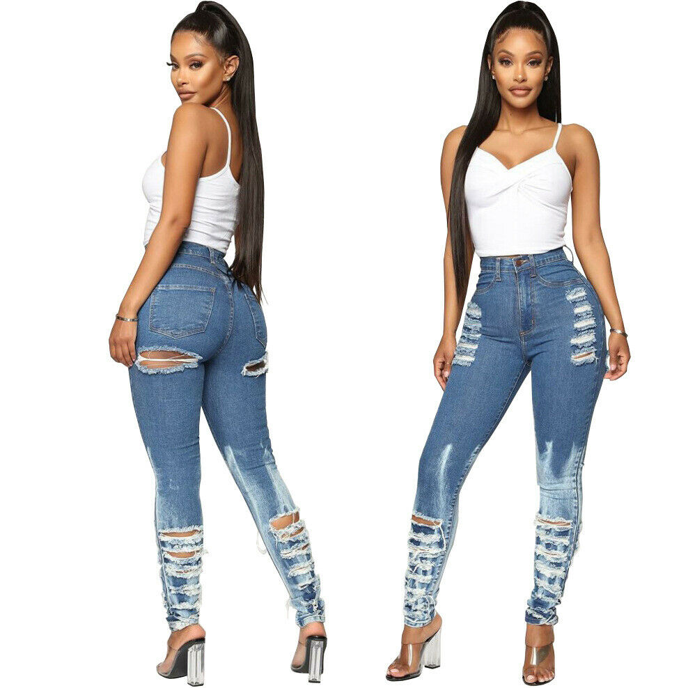 Ladies Girl Fashion Front Back Hole Zerrissene Röhrenjeans Casual Pants Großhandel Jeans weiße Jeans hose dicke Mädchen enge Jeans