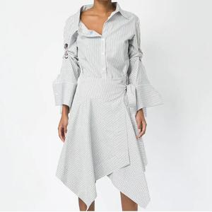 <span class=keywords><strong>Manga</strong></span> larga asimétrico Hem Camiseta estilo mujer algodón azul y blanco rayas camisa vestido YLDR213D - Product Image 1