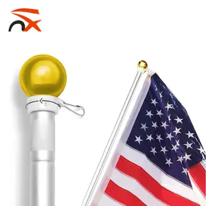 Tiang Bendera Pasang Dinding 5 Kaki, Tiang Bendera Aluminium dengan Cincin Berputar Bebas Karat Bola Emas Atas Bisa Ditarik