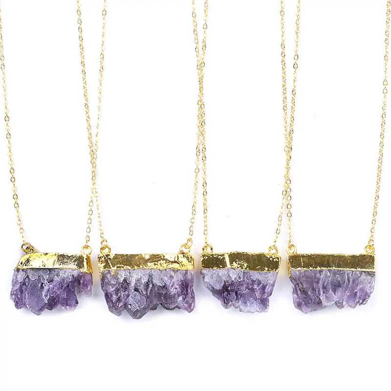 Модное позолоченное ожерелье с кулоном из натурального фиолетового кристалла кварца, лечебный камень, друза, аметист, ожерелье для женщин, ювелирные изделия