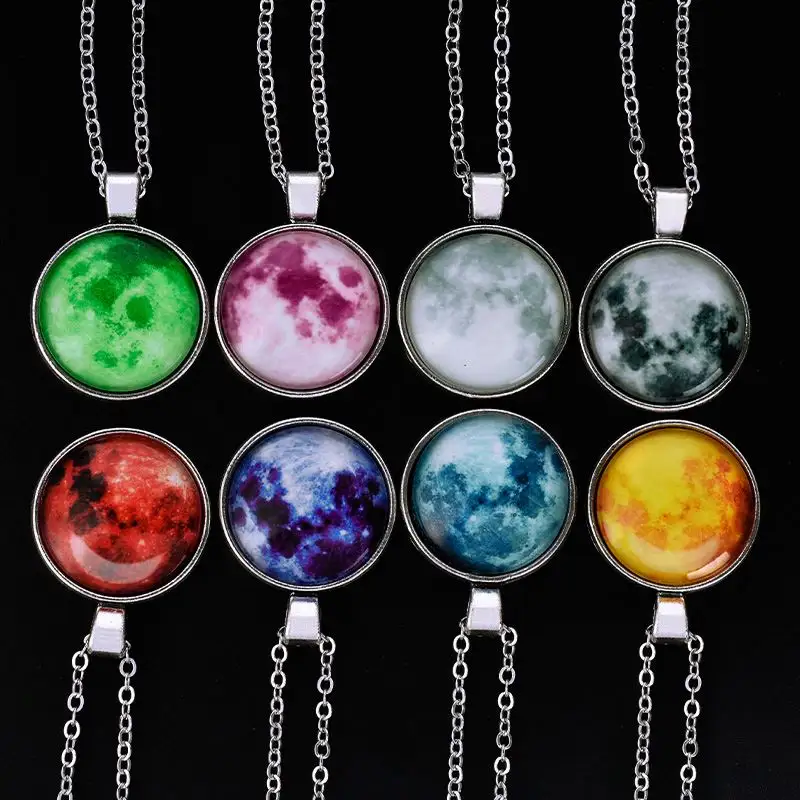 Full Moon Light Round Glass Universe Women Necklace Jewelry Long Chain Fairy Moon Glow In The Dark Luminous Pendant Necklace
