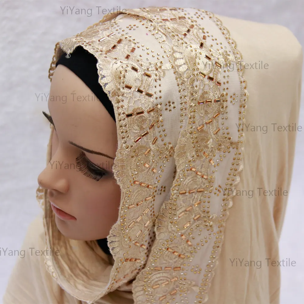 2021 Groothandel Instant Islamitische Kralen Mode Arabische Kant Moslim Katoen Hijab Voor Jonge Dames