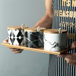 Salt Sugar Spice Pepper Ceramic Marble <strong>Canister</strong> <strong>Set</strong> <strong>of</strong> 3 with Ceramic Spoon &amp; Wooden Lid - Product Image 5
