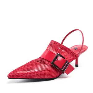 J049 Fabriek Lederen Puntschoen Dames Pumps Mode Dunne Hak Mesh Materiaal Rood Sexy Slingback Dames Vrouwen Schoenen