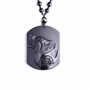 Liontin Obsidian Hitam Alami, Liontin Jimat Obdidian Kepala Serigala Ukir Obsidian Kalung Gratis Liontin Keberuntungan Obsidian