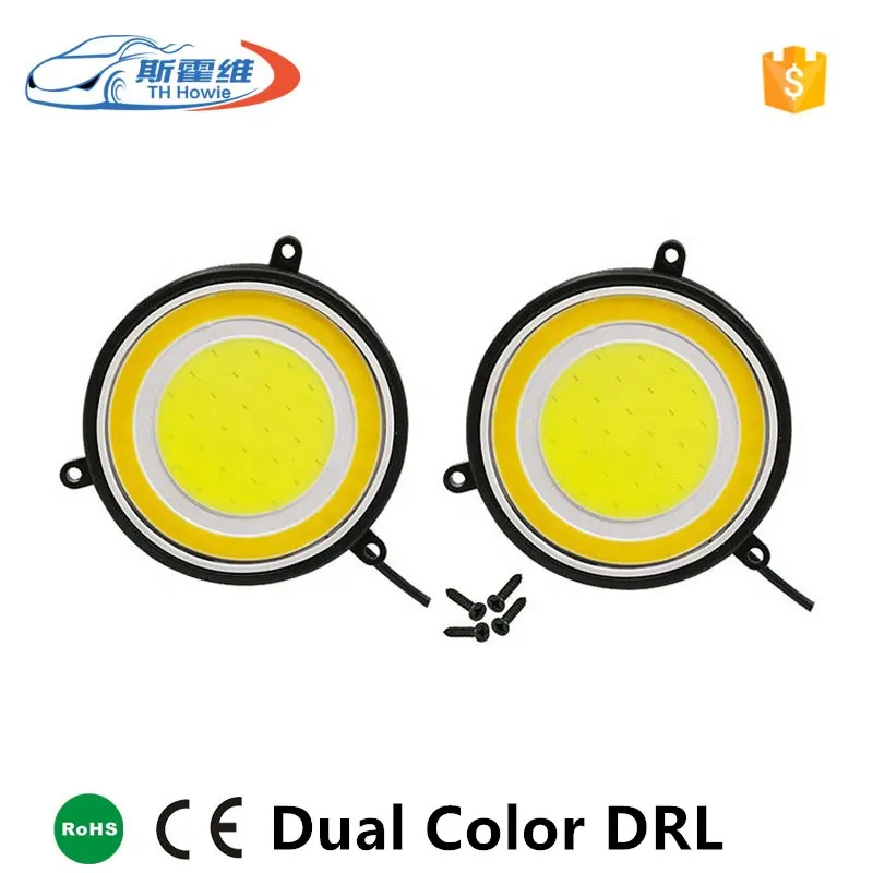 Feux de jour double couleur DC 12V COB rond LED blanc jaune lampe de conduite clignotant lampe Auto Led feux de signalisation DRL