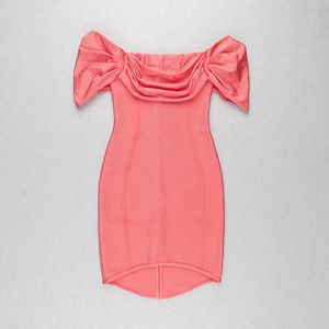 Bayanlar pembe kapalı omuz seksi Mini bandaj Bodycon abiye askısız zarif parti kokteyl elbise