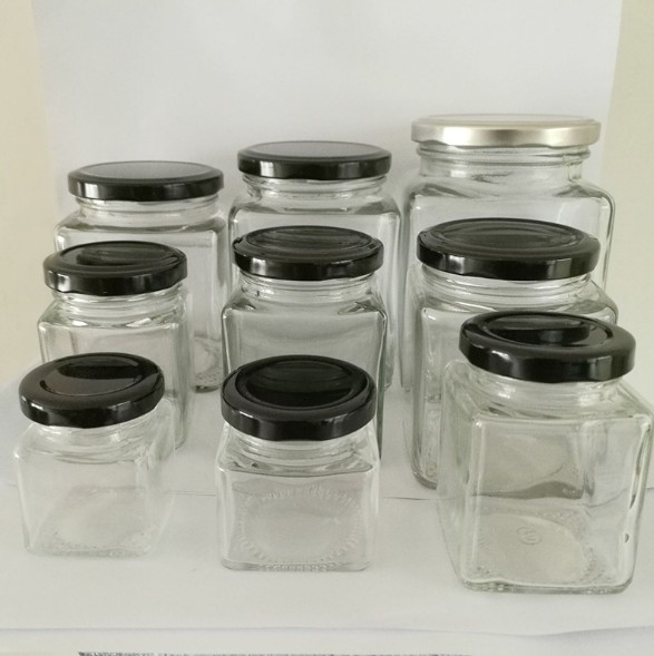 square shaped honey glass jar jam / storage jar with screw metal lid