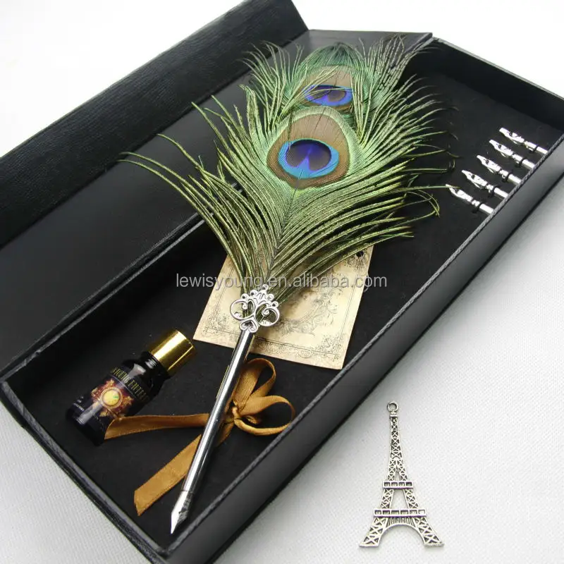 Перьевая ручка с павлиньими перьями и подарочной коробкой