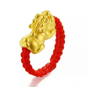 SW078 Gold Plated Luck Pixiu Ring Red/Black Rope Knitted Weaving Couple Ring