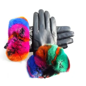 Guantes de piel de oveja a la moda para mujer, manoplas de conducción de cuero cálido con pantalla táctil negra, de pelo de conejo Rex, envío rápido, para invierno